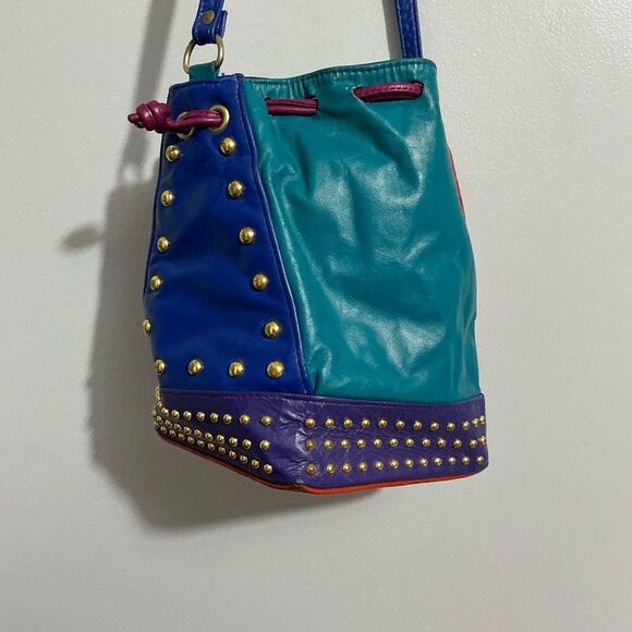 Colorblocked Studded Multi-Colored Leather Drawstring Bucket Bag - Picture 1 of 10